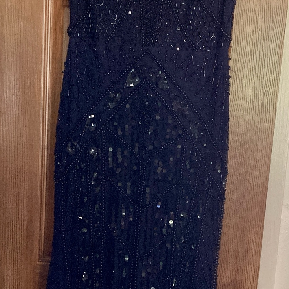 Strapless Ruched Bodice Beaded Trim Mermaid Gown Slate Blue
